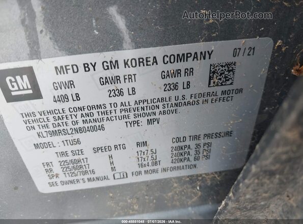 KL79MRSL2NB040046 2022 CHEVROLET TRAILBLAZER Gray Engine compartment view