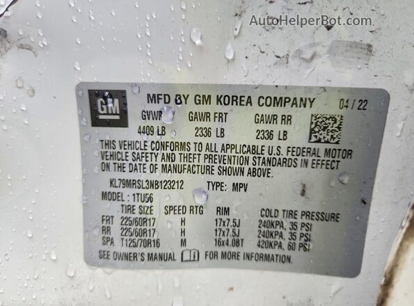 KL79MRSL3NB123212 2022 CHEVROLET TRAILBLAZER White Вид наклейки з VIN-кодом