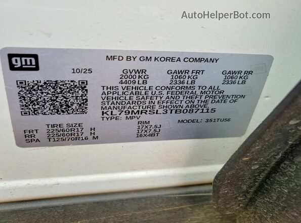KL79MRSL3TB087115 2026 CHEVROLET TRAILBLAZER White VIN კოდის სტიკერის ხედი