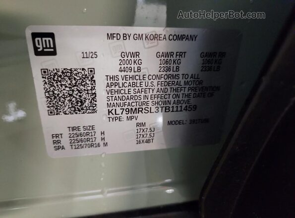 KL79MRSL3TB111459 2026 CHEVROLET TRAILBLAZER Green Widok naklejki z numerem VIN