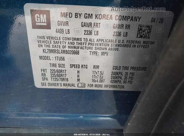 KL79MRSL4MB020668 2021 CHEVROLET TRAILBLAZER Синий Вид подкапотного пространства
