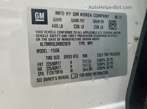 KL79MRSL5NB025878 2022 CHEVROLET TRAILBLAZER Белый Панорамный вид салона 360°