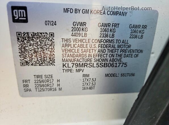 KL79MRSL5SB061775 2025 CHEVROLET TRAILBLAZER White VIN კოდის სტიკერის ხედი