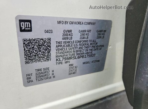 KL79MRSL6PB175937 2023 CHEVROLET TRAILBLAZER White Вид наклейки з VIN-кодом