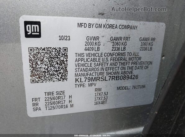 KL79MRSL7RB089426 2024 CHEVROLET TRAILBLAZER Gray Շարժիչի բաժամունքի տեսք