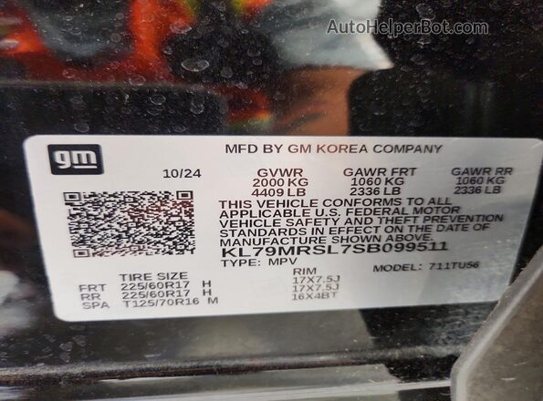 KL79MRSL7SB099511 2025 CHEVROLET TRAILBLAZER Black Widok naklejki z numerem VIN