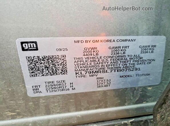 KL79MRSL7TB075291 2026 CHEVROLET TRAILBLAZER Gray Widok wnętrza 360 stopni