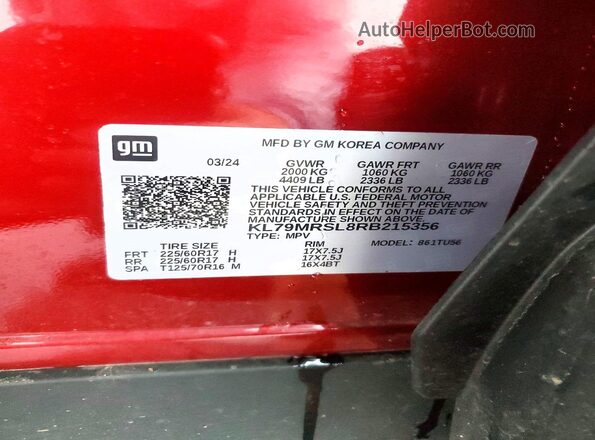 KL79MRSL8RB215356 2024 CHEVROLET TRAILBLAZER Темно-бордовый Вид наклейки с VIN-кодом