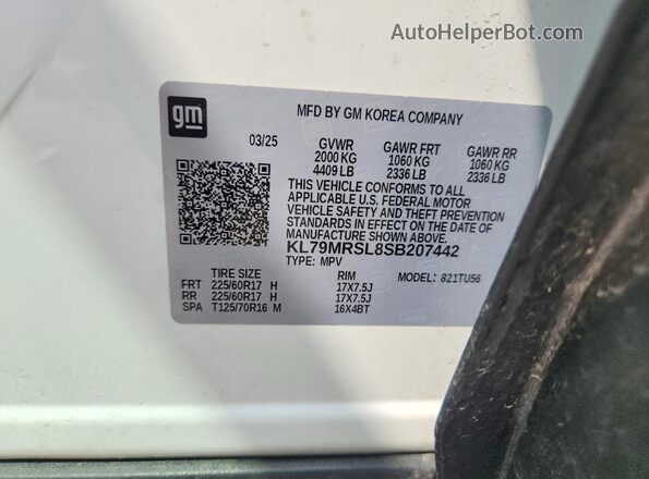 KL79MRSL8SB207442 2025 CHEVROLET TRAILBLAZER Белый Вид наклейки с VIN-кодом