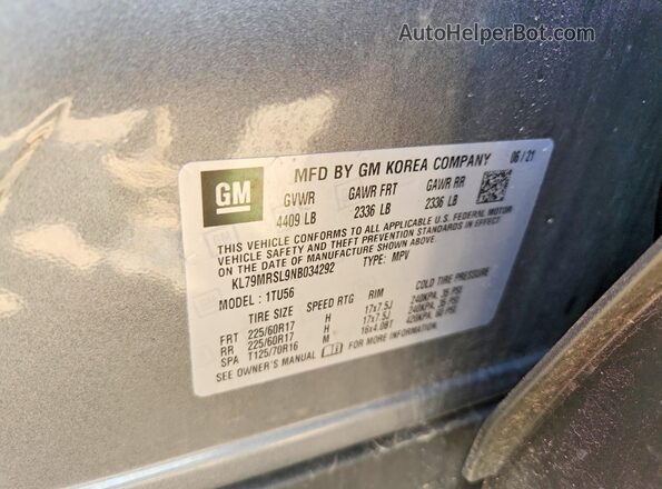KL79MRSL9NB034292 2022 CHEVROLET TRAILBLAZER Gray Вид підкапотного простору