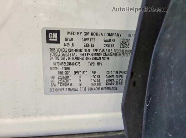 KL79MRSL9NB101375 2022 CHEVROLET TRAILBLAZER White Widok naklejki z numerem VIN