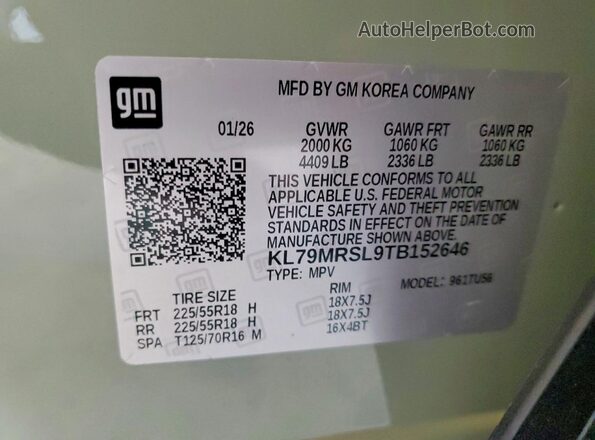 KL79MRSL9TB152646 2026 CHEVROLET TRAILBLAZER Teal Вид наклейки з VIN-кодом