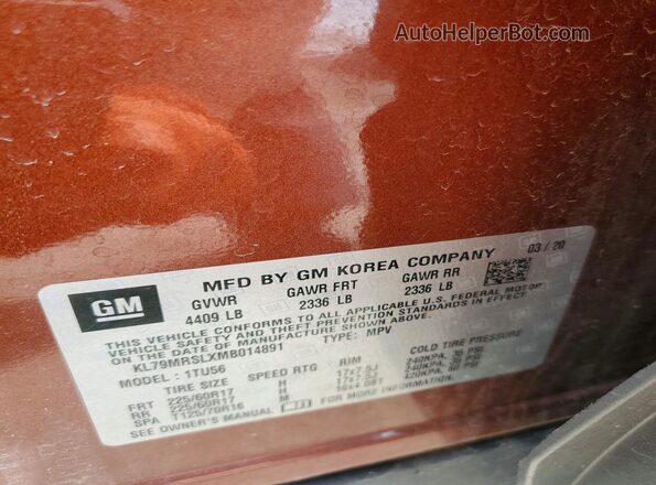 KL79MRSLXMB014891 2021 CHEVROLET TRAILBLAZER Brown Vista de la etiqueta del VIN