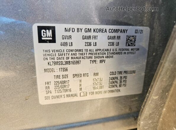 KL79MSSL3MB165997 2021 CHEVROLET TRAILBLAZER Серебряный Панорамный вид салона 360°