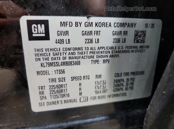 KL79MSSL4MB083468 2021 CHEVROLET TRAILBLAZER Black Widok naklejki z numerem VIN