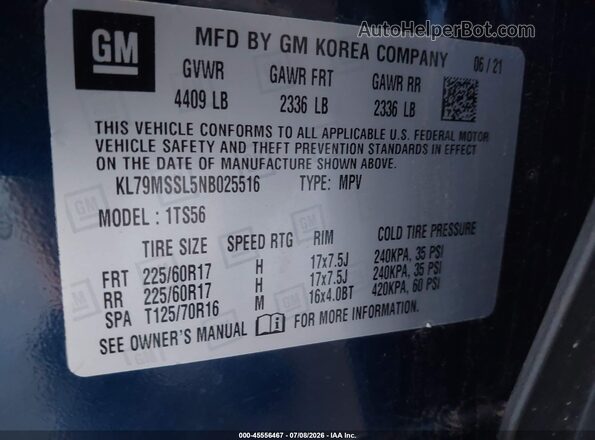 KL79MSSL5NB025516 2022 CHEVROLET TRAILBLAZER Blue Widok komory silnika