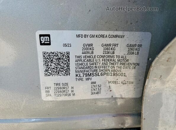 KL79MSSL6PB195001 2023 CHEVROLET TRAILBLAZER Silver VIN կոդի պիտակի տեսք