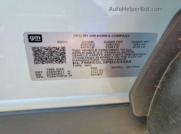 KL79MSSL8PB163568 2023 CHEVROLET TRAILBLAZER Белый Вид наклейки с VIN-кодом