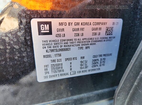 KL79MTSL0NB068831 2022 CHEVROLET TRAILBLAZER Черный Вид наклейки с VIN-кодом