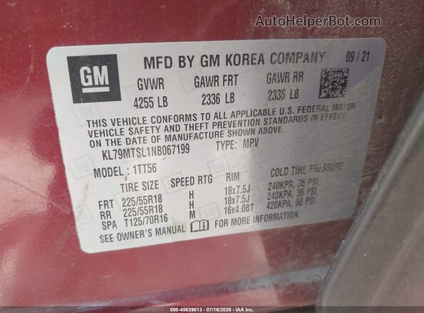 KL79MTSL1NB067199 2022 CHEVROLET TRAILBLAZER Maroon Вид підкапотного простору