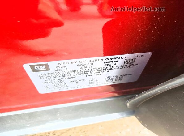KL79MTSL1NB102890 2022 CHEVROLET TRAILBLAZER Maroon VIN კოდის სტიკერის ხედი