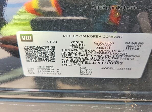 KL79MTSL1PB126383 2023 CHEVROLET TRAILBLAZER Black VIN კოდის სტიკერის ხედი