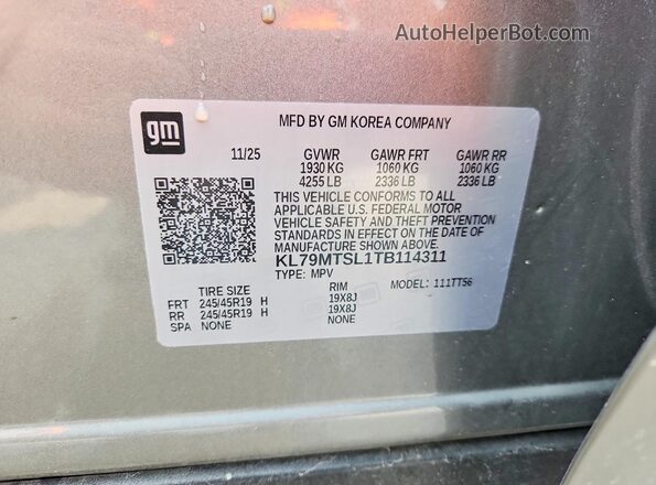 KL79MTSL1TB114311 2026 CHEVROLET TRAILBLAZER Silver VIN sticker view