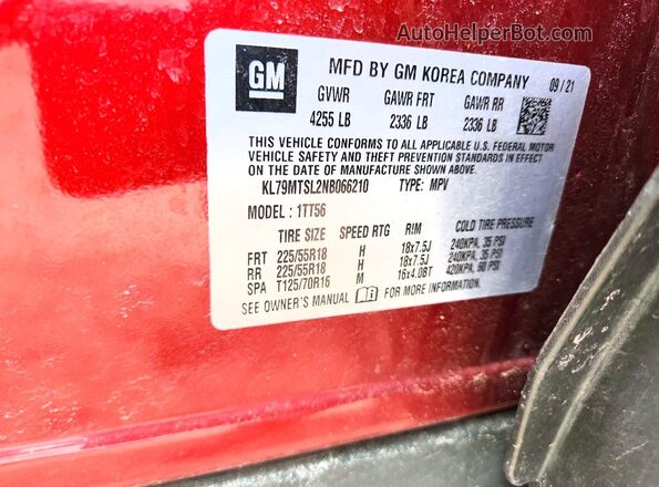 KL79MTSL2NB066210 2022 CHEVROLET TRAILBLAZER Burgundy VIN კოდის სტიკერის ხედი
