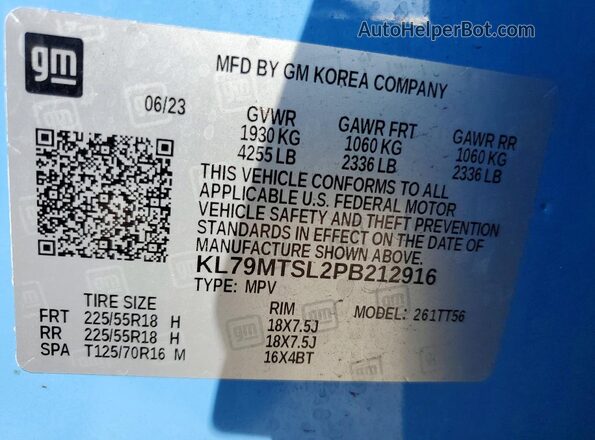KL79MTSL2PB212916 2023 CHEVROLET TRAILBLAZER Синий Вид наклейки с VIN-кодом