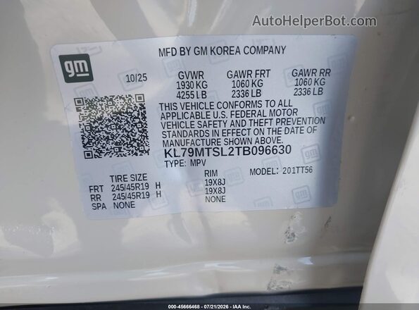 KL79MTSL2TB096630 2026 CHEVROLET TRAILBLAZER Beige Vista del compartimento del motor