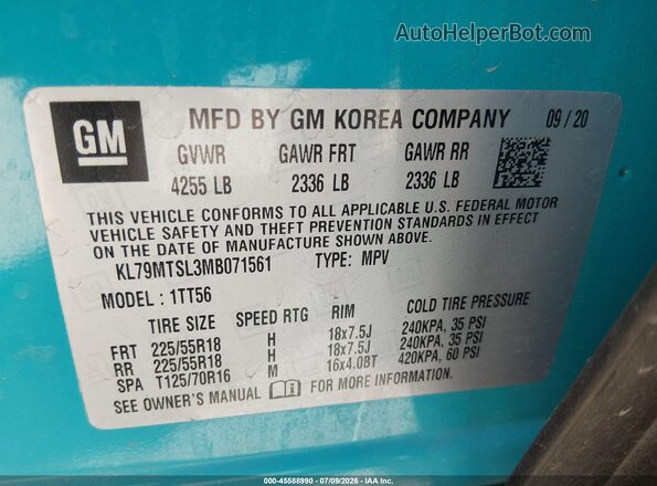 KL79MTSL3MB071561 2021 CHEVROLET TRAILBLAZER Teal Շարժիչի բաժամունքի տեսք