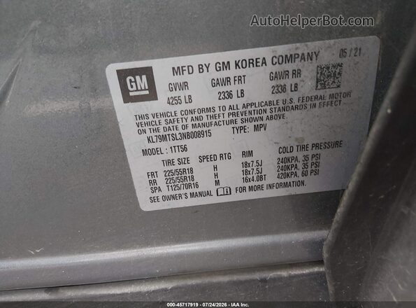 KL79MTSL3NB008915 2022 CHEVROLET TRAILBLAZER Gray Вид підкапотного простору