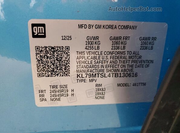 KL79MTSL4TB130616 2026 CHEVROLET TRAILBLAZER Turquoise VIN კოდის სტიკერის ხედი