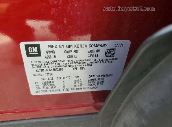 KL79MTSL5NB042290 2022 CHEVROLET TRAILBLAZER Maroon Widok naklejki z numerem VIN