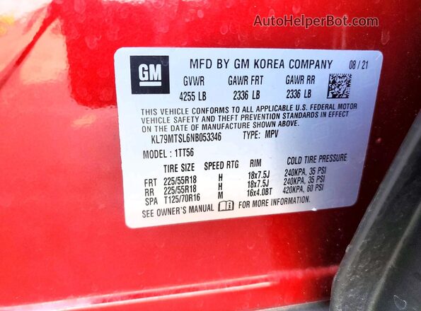 KL79MTSL6NB053346 2022 CHEVROLET TRAILBLAZER Бордовый Вид наклейки с VIN-кодом
