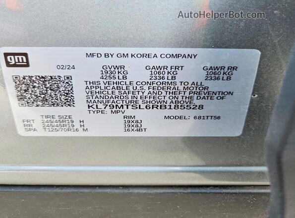 KL79MTSL6RB185528 2024 CHEVROLET TRAILBLAZER Gray Widok naklejki z numerem VIN