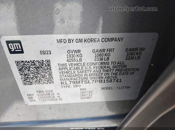 KL79MTSL7PB158741 2023 CHEVROLET TRAILBLAZER Gray Вид підкапотного простору