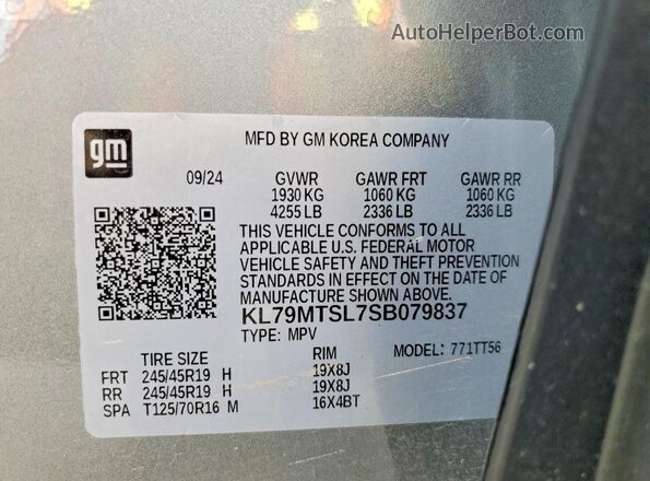 KL79MTSL7SB079837 2025 CHEVROLET TRAILBLAZER Gray VIN კოდის სტიკერის ხედი