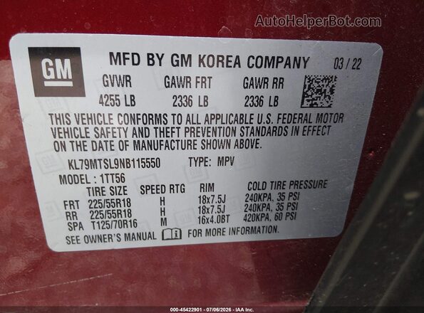 KL79MTSL9NB115550 2022 CHEVROLET TRAILBLAZER Red Շարժիչի բաժամունքի տեսք