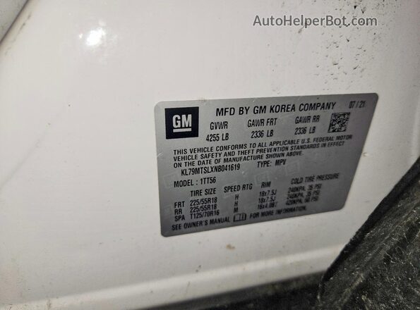 KL79MTSLXNB041619 2022 CHEVROLET TRAILBLAZER White VIN კოდის სტიკერის ხედი