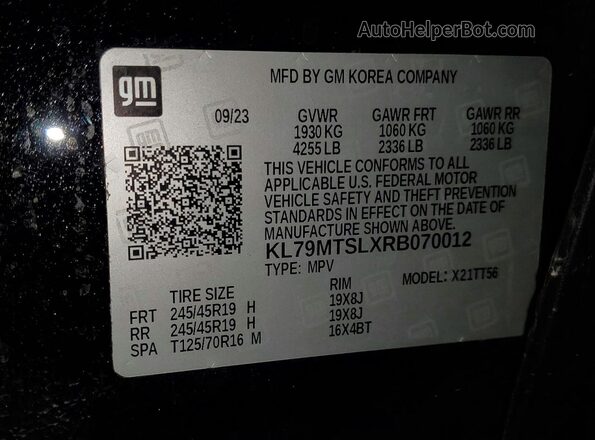 KL79MTSLXRB070012 2024 CHEVROLET TRAILBLAZER Black Widok naklejki z numerem VIN