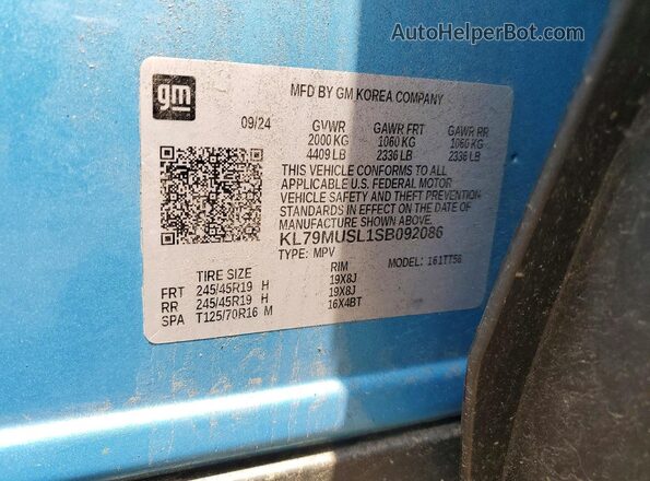 KL79MUSL1SB092086 2025 CHEVROLET TRAILBLAZER Blue Vista de la etiqueta del VIN