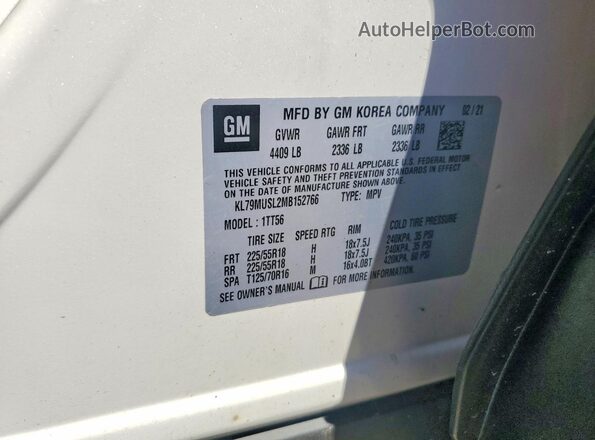 KL79MUSL2MB152766 2021 CHEVROLET TRAILBLAZER White Вид наклейки з VIN-кодом