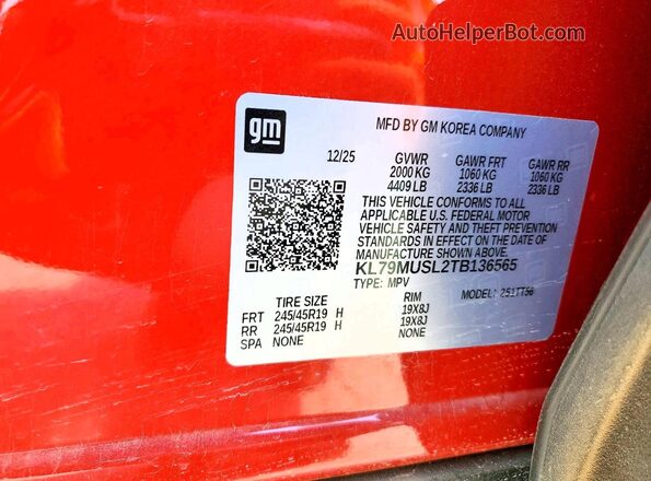 KL79MUSL2TB136565 2026 CHEVROLET TRAILBLAZER Red VIN კოდის სტიკერის ხედი