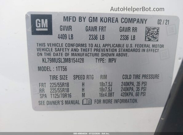 KL79MUSL3MB154428 2021 CHEVROLET TRAILBLAZER White ძრავის განყოფილების ხედი