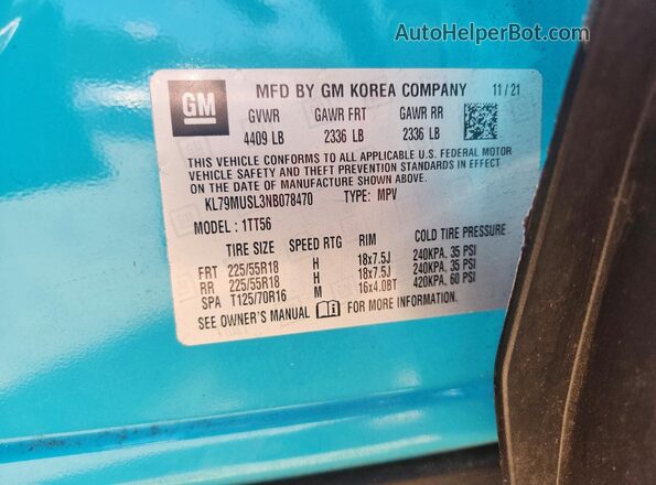 KL79MUSL3NB078470 2022 CHEVROLET TRAILBLAZER Turquoise VIN կոդի պիտակի տեսք