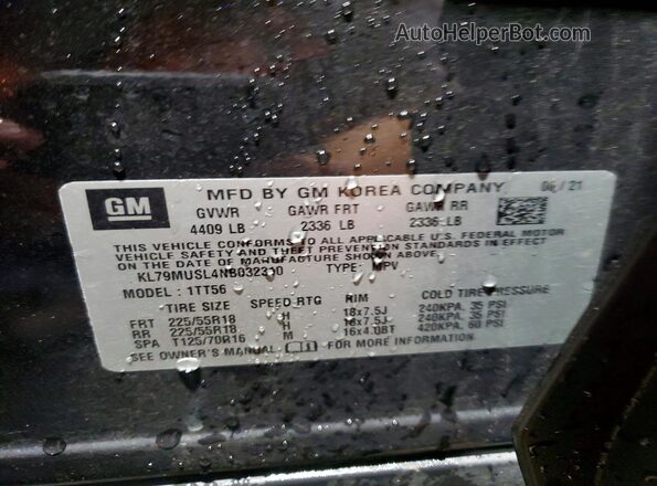KL79MUSL4NB032310 2022 CHEVROLET TRAILBLAZER Black Вид наклейки з VIN-кодом