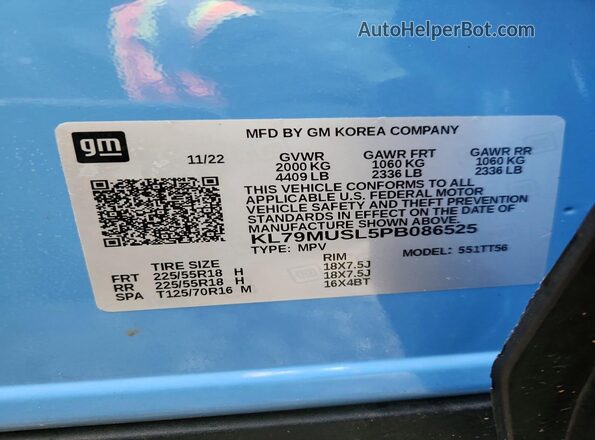 KL79MUSL5PB086525 2023 CHEVROLET TRAILBLAZER Синий Вид наклейки с VIN-кодом