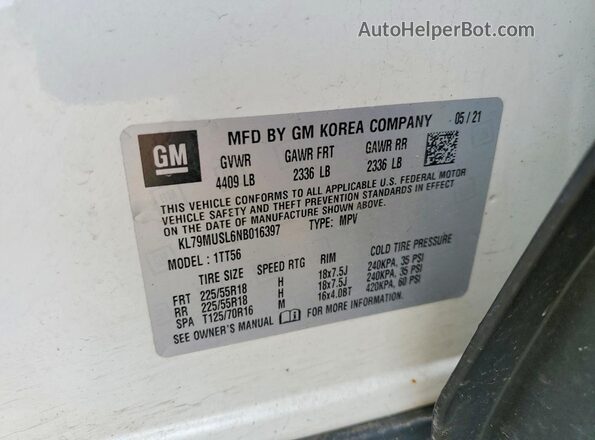KL79MUSL6NB016397 2022 CHEVROLET TRAILBLAZER White Widok naklejki z numerem VIN