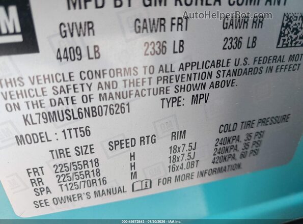 KL79MUSL6NB076261 2022 CHEVROLET TRAILBLAZER Turquoise Widok komory silnika